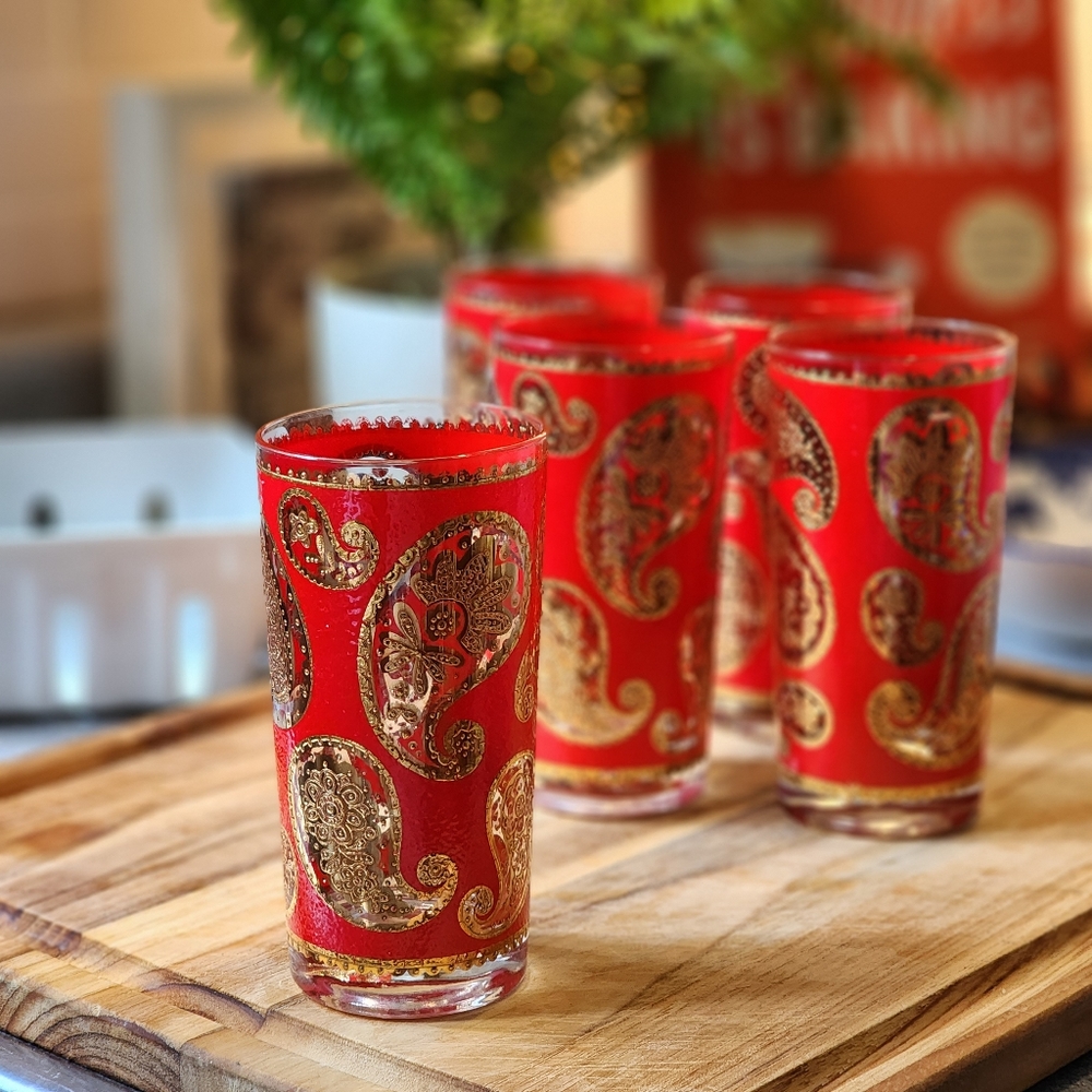 Set/5 mid-century modern Culver barware highball glasses in red & gold paisley